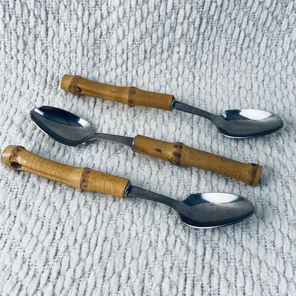 3 Grapefruit Spoons Tan Bamboo Handle Serrated Stainless Tiki Boho Japan Vintage